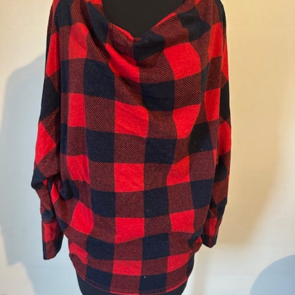 MTS Black and Red Plaid Cowl Neck Top 8644